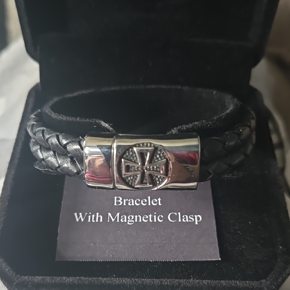 Black Leather Braided Bracelet with Maltese Cross Magnetic Clasp
